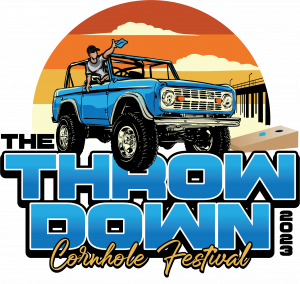 The Throw Down Cornhole Festival and Car Show Logo 2023 showing a person waving out the window of  a Bronco truck