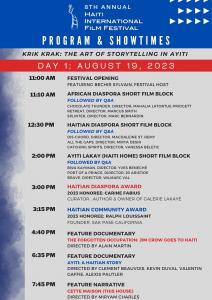 On Day 1 of the Haiti International Film Festival, the doors open at the Barnsdall Gallery Theatre at 11 a.m. on August 19 with welcome remarks from Bechir Sylvain.