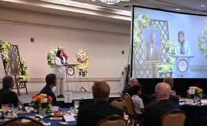 Soona Samsami, the U.S. Representative of the National Council of Resistance of Iran, delivers her remarks at the memorial reception hosted by the NCRI-US at Georgetown University honoring the late Prof. Raymond Tanter.