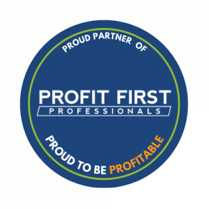 Profit First Professional partner badge, blue circle with yellow text inside.
