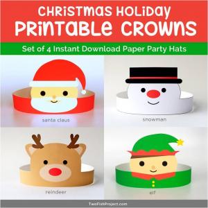 Printable Christmas Paper Crowns including Santa, Snowman, Reindeer and Elf