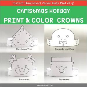 Outlined Coloring Version: Printable Christmas Party Hats (Snowman, Gingerbread Man, Reindeer, Christmas Tree)