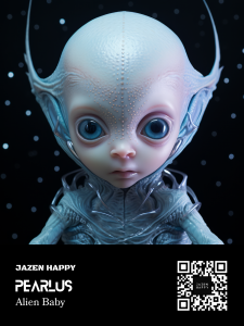 Pearlus, the pearlescent alien infant, radiates iridescent wonder. Cradled in starlight, Pearlus embodies the cosmos' delicate beauty, an ethereal gem born from celestial dreams. - Jazen Happy