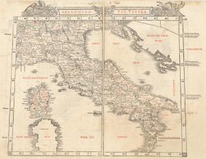 Bernard Sylvanus’s Sexta Europae Tabula is one of the earliest maps of Italy obtainable by today's collectors. Printed in two colors and published in 1511. Estimate: $4,000-$5,000.