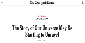 New York Times (NYT) article highlighting the 'crisis in cosmology'.