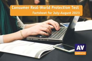 Woman typing on laptop- Title Consumer Real-World Protection Test - Factsheet for July-August 2023 and AV-Comparatives Logo in the right bottom are inserted.