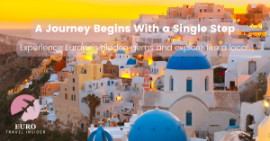Euro Travel Insider website header of beautiful Greek coastal town at sunset.