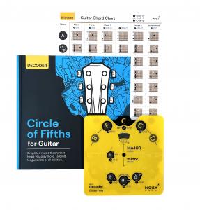 Image shows the full product, the Decoder: Circle of Fifths for Guitar. This includes the music theory tool, and the accompanying reading companion.