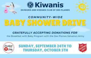 Banner image with a stork, Salvation Army, and Kiwanis Logos for the eKiwanis Club of Greater Chicago and Kiwanis Club of Des Plaines Community Baby Shower
