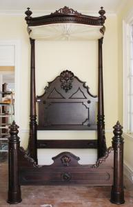 Mahogany empire rococo half tester bed signed C. Lee, 12 feet tall. A standard queen size mattress will fit the bed (est. $20,000-$30,000).