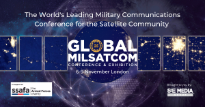 Image of Global MilSatCom conference logo sat in an abstract satellite image in space