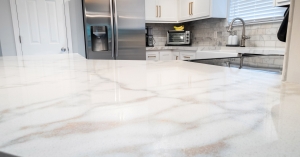 A beautiful marble countertop in a newly renovated kitchen
