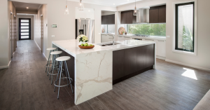 A modern kitchen featuring Calacatta marble countertops
