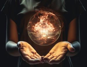 Image of hands holding a nuclear fission that represents AI.