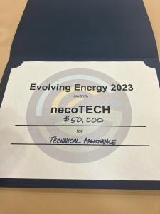 Image of necoTECH's award for 50K from the Evolving Energy Pitch Competition