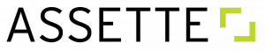 The word Assette in black text with two green L shapes that make a box in the right corner