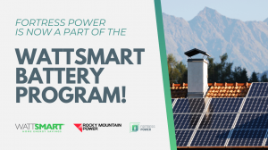 Fortress Power Joins Rocky Power Mountain Announcement with program logos and an image of home energy system.