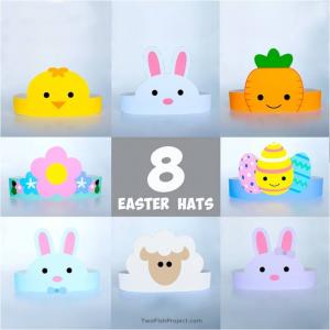 Cute Easter Party Hats Printable (Set of 8 Designs: Easter Bunny, Chick, Easter Eggs, Lamb, Carrot) for Easter Party Supplies