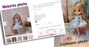 A side-by-side comparison of a This Is Blythe custom doll's website photo and real-life appearance, showcasing the company's attention to detail and accuracy