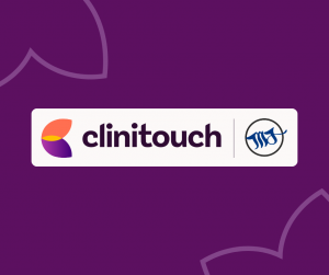 MJ Biopharm and Clinitouch logos on purple background