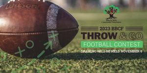 Shown is a promotional image that is football themed for Black Belt Community Foundation's 2023  Throw & Go Football Contest. This image is used at the Eventbrite.com website to help promote and encourage participants to enter the contest and fundraiser b