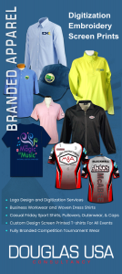 DOUGLAS USA works behind the scenes to make proper choices and recommendations that direct printers and embroiderers in deciding where to score folds, paper specifications, specialized equipment, packaging, shipping, and what editing, messaging, and copyw