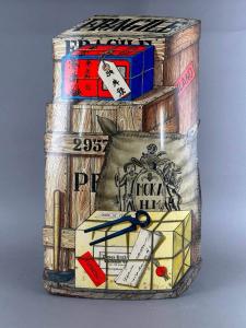 Lithographed tole umbrella stand by Piero Fornasetti (Milan, Italy, 1913-1988), titled “Import-Export”, decorated with various shipping parcels and packages with tools (est. $800-$1,200).