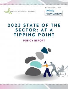 Image of the report cover. It says: 2023 State of the sector: At a tipping point policy report in the middle. The graphic is of a structure leaning to the right, and at the bottom of the structure there are people leaning in to keep the structure from falling.