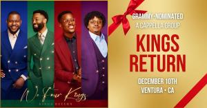 Four men in holiday suits smiling to promote holiday program "We Four Kings"