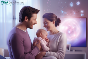 Family smiling together as they interact with the Think Baby Names Genie on a computer in a brightly lit room.