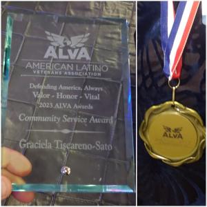 glass award and medal from the American Latino Veterans Association to Graciela Tiscareno-Sato