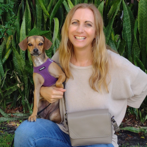 Green Vegan Bags owner, Nicole with her dog Coconut