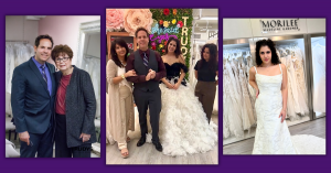 Composite of three photos of the late Trudy Blechman and her son Steven Blechman (left side photo); The Blechman family: Rebekah, Steven, Liliana and Rylee (middle photo); Liliana Blechman in a Morilee wedding gown (right side photo)