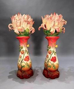Impressive and large pair of late 19th or early 20th century Delphin Massier (French, Vallauris 1837-1907) majolica floriform jardinieres and pedestals ($8,610).