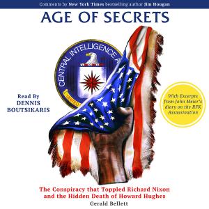 Age of Secrets Audiobook Cover showing the United States Flag being pulled down to reveal the CIA Seal behind it