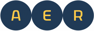 Three joined navy blue circles with A, E, and R in gold text - one letter per circle.