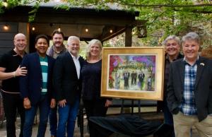 Artist Ann M Bailey with her revealed portrait painting and members of the Roswell and Atlanta art collecting community. Liz Scull Photo.