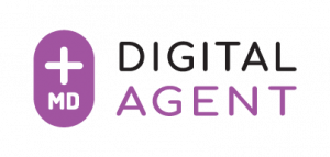 Purple logo for Digital Agent MD+ with simple geometric font and pill-shaped purple icon containing a "+" sign and the letters "MD"