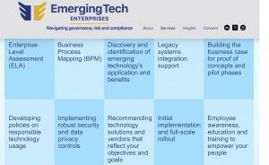 Services Page from Emerging Tech Enterprises website shows Enterprise Level Assessment (ELA), Business Process Mapping (BPM), Discovery and identification of emerging technology's application and benefits, Legacy systems integration support, Building the 