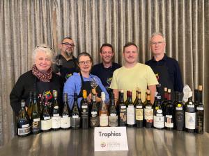 The Trophy Winners for 2023 - Global Fine Wine Challenge, Left to Right - Jane Skilton MW (NZL), Anthony Mueller (USA), Toni Paterson MW, Ross Anderson (Director), Ash Reynolds (Drinkme Digital), Huon Hooke (AUS)