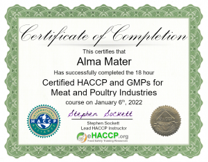 Meat and poultry HACCP certificate