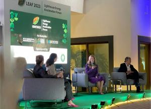 Kate Brandt standing at the podium while presenting her keynote speech on sustainable technology at the LEAF2023 event.