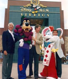 Co-producer Monty Hall, host Bob Hilton, and co-producer Dick Clark welcome Goofy and Roger Rabbit to a taping of "Let's Make a Deal," which taped from the Disney-MGM Studios in Orlando in 1990.