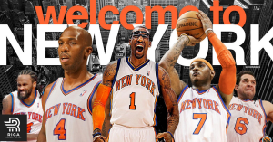 5 NY Knicks teammates in basketball uniforms with large text sating welcome to New York