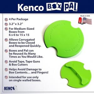 A Kenco Boxpal value and use specification card with lime green images of front and back of the product