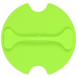 Neon green circular device with lower dog bone shaped protrusion extending to left and right connected to upper circular device by a hub