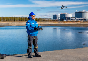 Metis man is using a drone to monitor the environment near an oil and gas facility