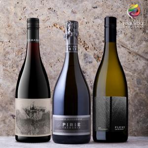 Top 3 wines from the 2023 Global Fine Wine Challenge. Left to Right - Giant Steps Fatal Shore Pinot Noir 2022 (Red Wine of Show - Aus); Pirie Late Disgorged Sparkling 2011 (Wine of Show - Aus) & Lake Chalice Wines Plume Chardonnay 2020 (White wine of Show - NZL)
