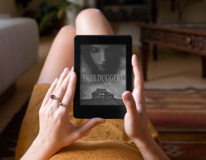 Picture of a woman in a brown dress reading Paul Rushworth-Brown's best selling novel 'Skulduggery' on a Kindle
