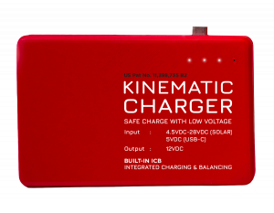 Image of the Kinematic Charger which consists of 3 batteries where it uses a 5V phone charger of 6V solar panel to fast charge while enabling 12V discharge to the load as the 3 batteries are rearranged in series.